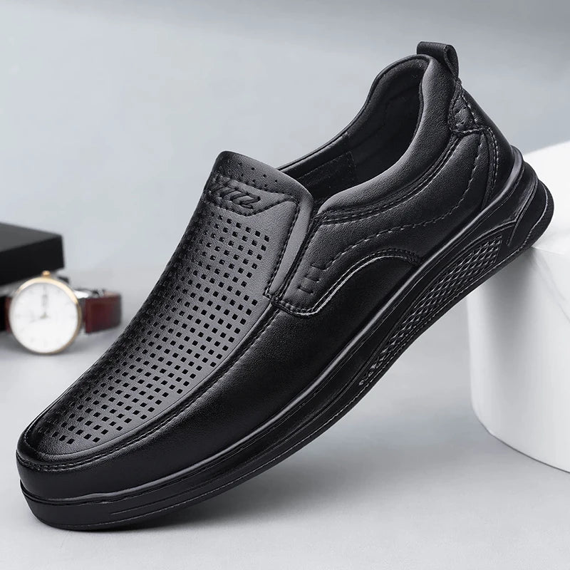 Summer Breathable Men's Leather Loafers Slip on Casual Shoes Lightweight Soft Sole Business Shoes Man Moccasins Walking Footwear
