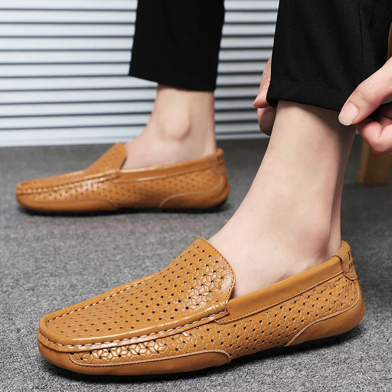 2026 Summer Men Casual Shoes Luxury Brand Genuine Leather Mens Loafers Moccasins Hollow Out Breathable Slip on Driving Shoes