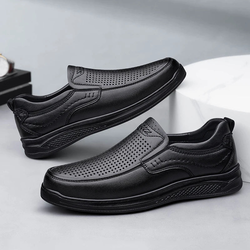 Summer Breathable Men's Leather Loafers Slip on Casual Shoes Lightweight Soft Sole Business Shoes Man Moccasins Walking Footwear