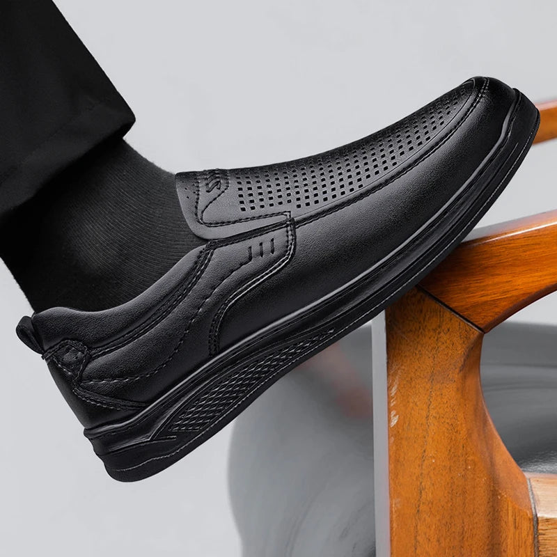 Summer Breathable Men's Leather Loafers Slip on Casual Shoes Lightweight Soft Sole Business Shoes Man Moccasins Walking Footwear