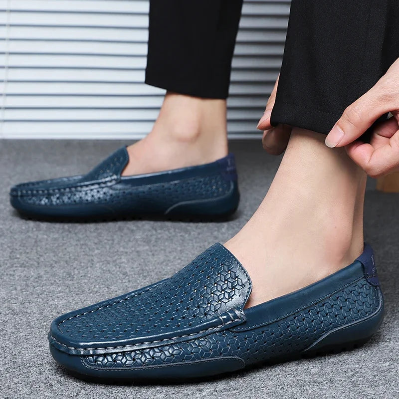 2026 Summer Men Casual Shoes Luxury Brand Genuine Leather Mens Loafers Moccasins Hollow Out Breathable Slip on Driving Shoes